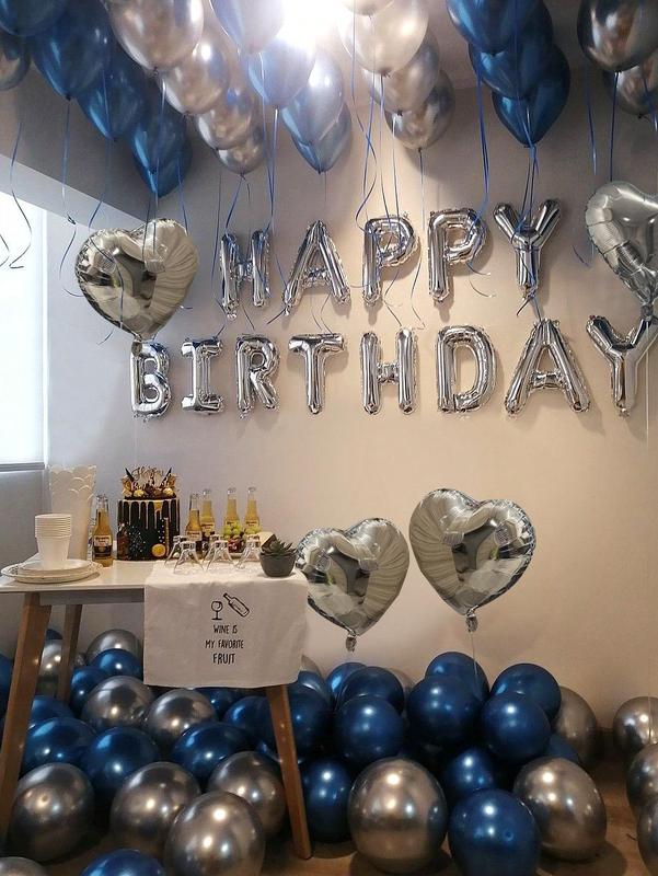 61pcs Silver and Blue Balloon Set for Party Holiday and Birthday Includes 16 Inch Foil Letter Balloons Silver Heart Foil Balloons Metallic Silver and Matte Navy Blue Latex Balloons Red Light Eye Therapy Mask Plastic Dice PE Material Multicolor Decorations