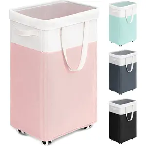 Laundry Basket with Wheels, 75L Tall Clothes Hamper, Large Laundry Basket with Removable Wash Bag for Corner Dorm, Rolling Hamper, Pink&White