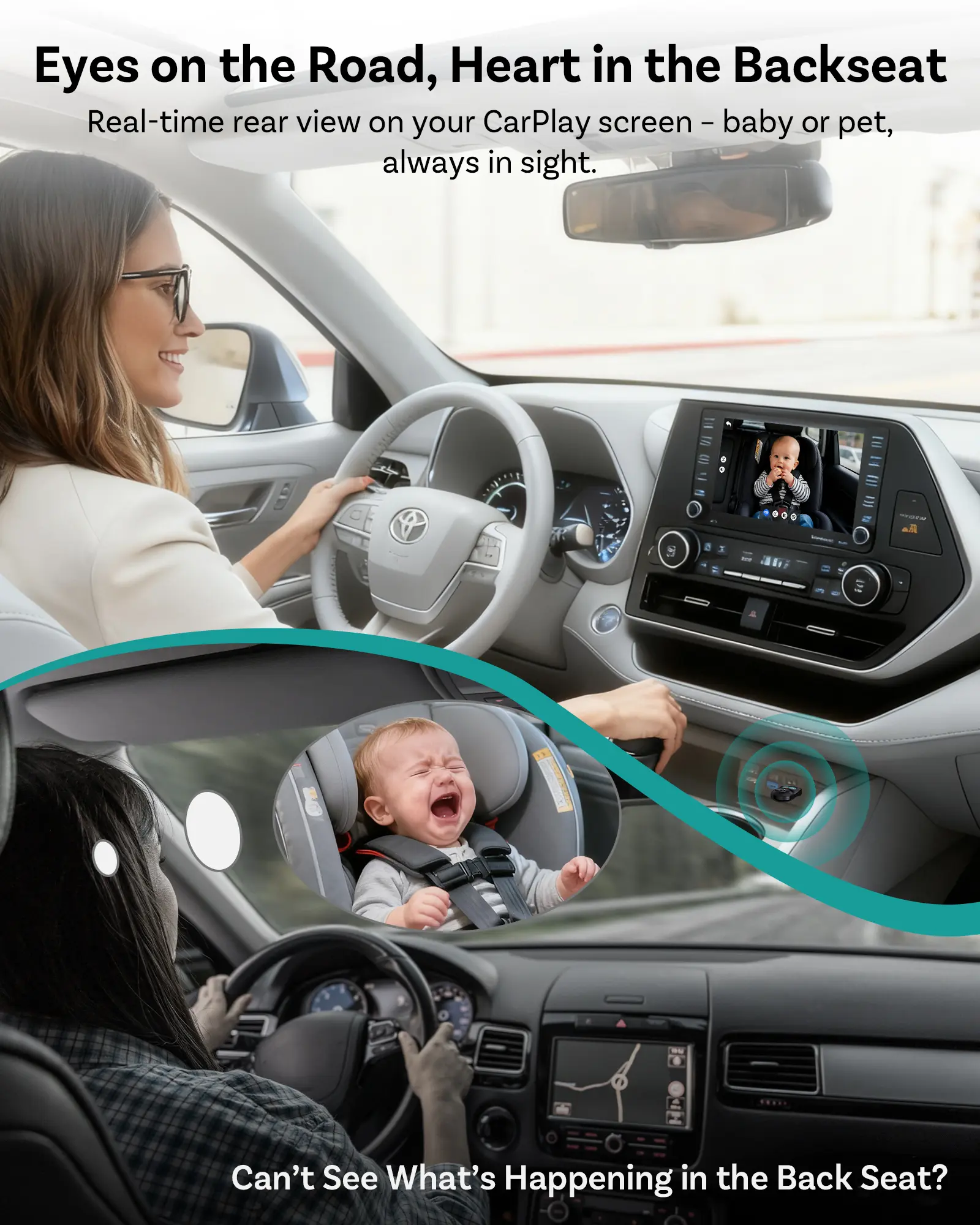 OTTOCAST Baby Car Camera &Wireless CarPlay Adapter,1080P HD Rear Seat Monitor Display on Car Screen,150°Wide Angle No-Glow Night View, Safety for Kids & Infants