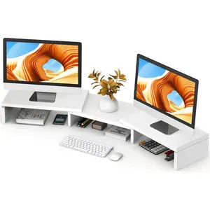 Dual Monitor Stand Riser, Computer Monitor Stands for 2 Monitors, Extra Long Multifunctional Desktop Organizer Riser for Computer, Laptop, PC, Printer, TV, Max 43.3" Length, White