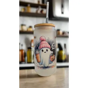 Cute Ghost Glass Can Cup with Bamboo Lid & Straw | Halloween Iced Coffee Tumbler | “Hey Boo” Frosted Cup 16oz