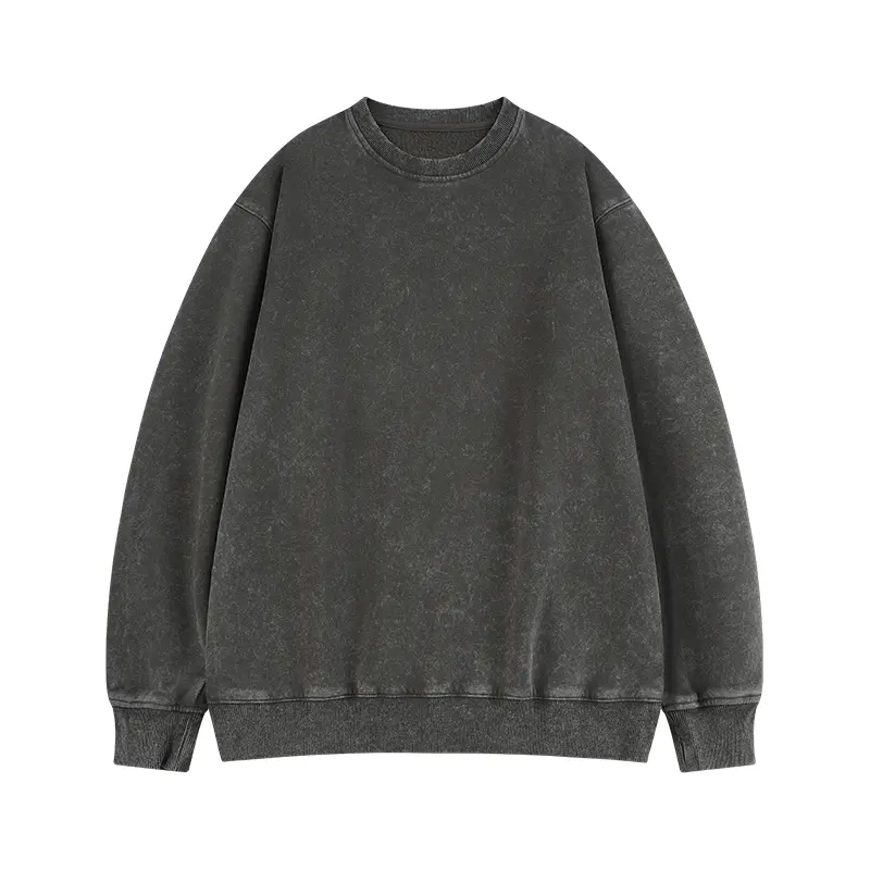 Menswear American Vintage Stone-Washed Distressed Crewneck Sweatshirt for Men - Charcoal Gray with Snowflake Texture, Slim-Fit Drop-Shoulder Long-Sleeve Pullover, Streetwear Hip-Hop Everyday Wear, Multi-Color Options