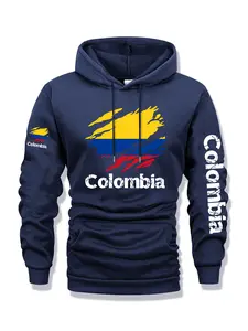 Men's Colombia Print Zip Hoodie, Fall & Winter Casual Regular Fit Long Sleeve Hooded Sweatshirt, Fashion Daily Wear Clothing, Menswear
