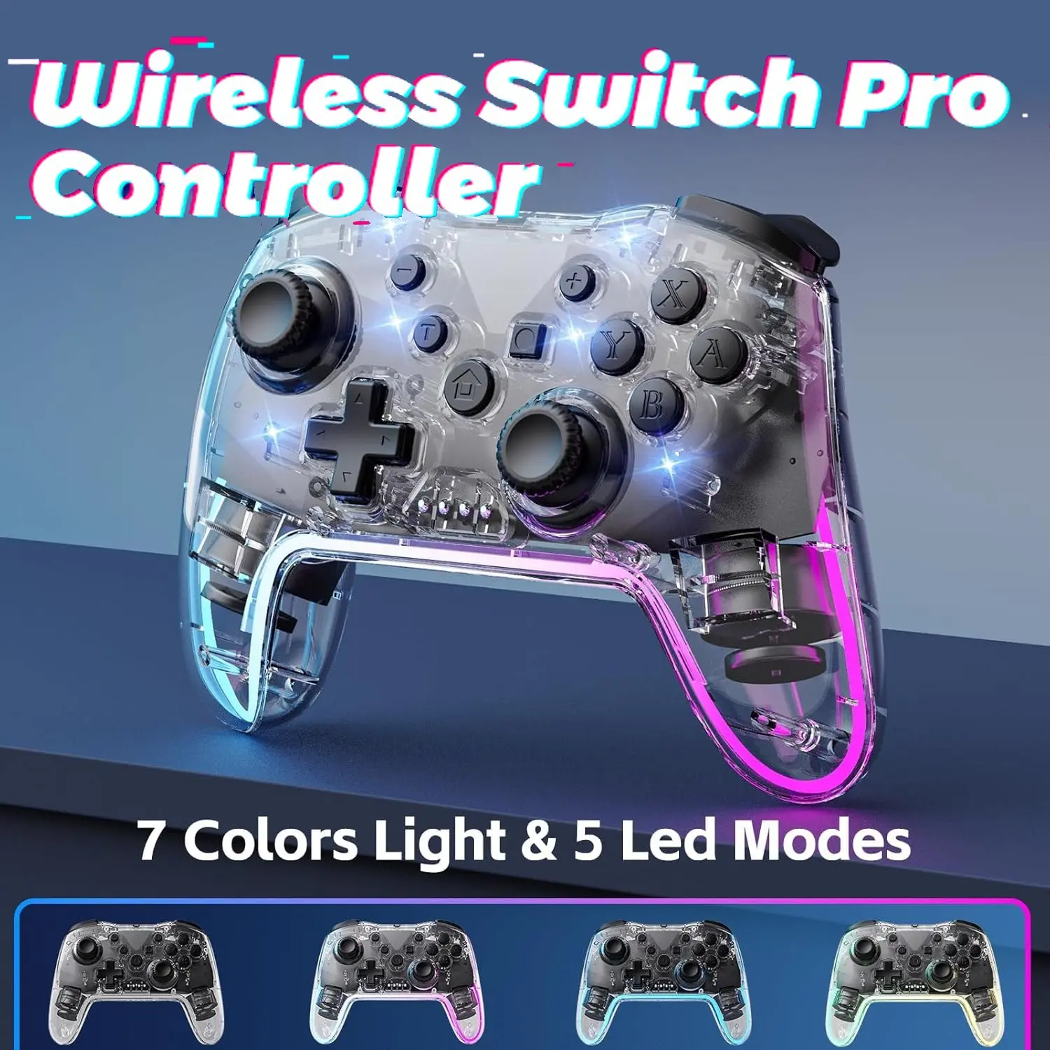 Wireless Game Controller for Switch Lite Oled PC Android iOS, Rechargeable Gaming Joystick with 7 Color RGB Lights and 3D Analog Stick