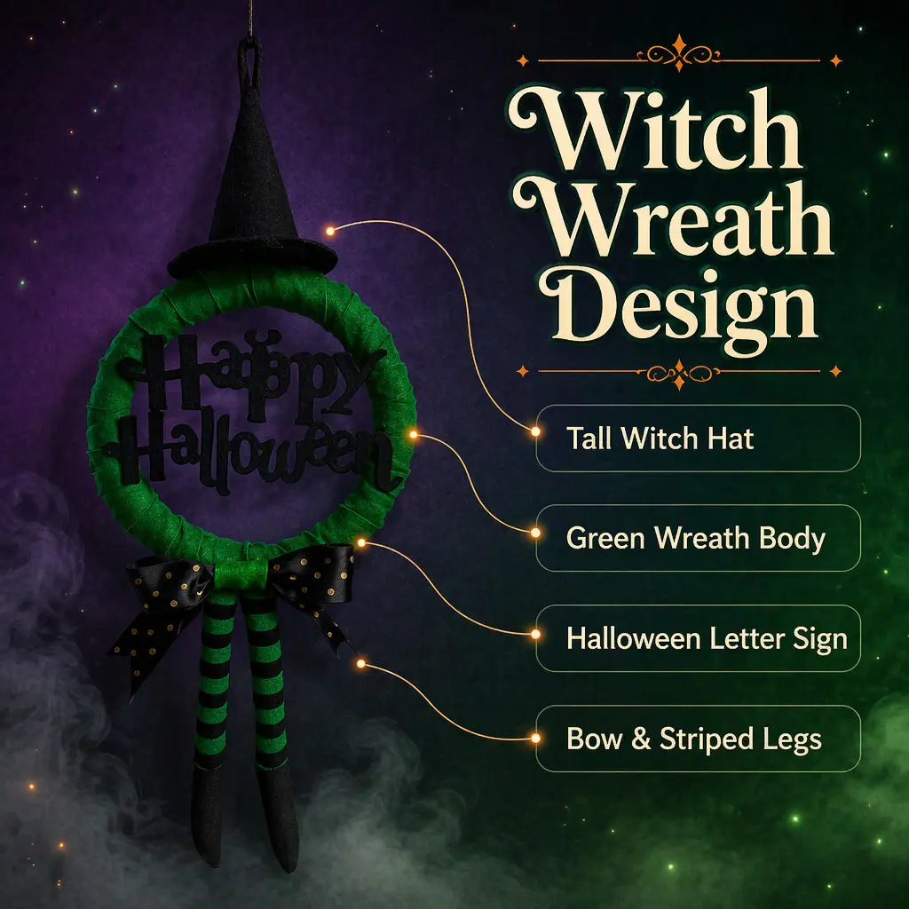 Halloween Witch Wreath for Front Door, Happy Halloween Hanging Decor with Witch Hat Striped Legs, Fall Wall Hanging Ornament for Home Party decoration ghost
