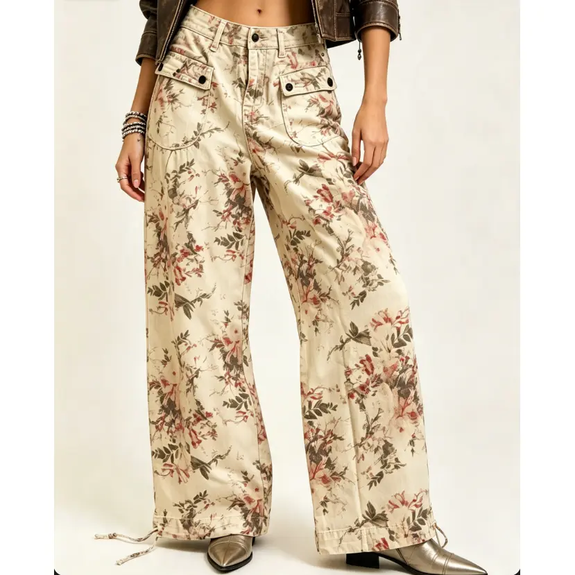 Chouyatou Women Vintage Floral Print Wide Leg Jeans High Waisted Cargo Pocket Tie‑Hem Baggy Denim Pants