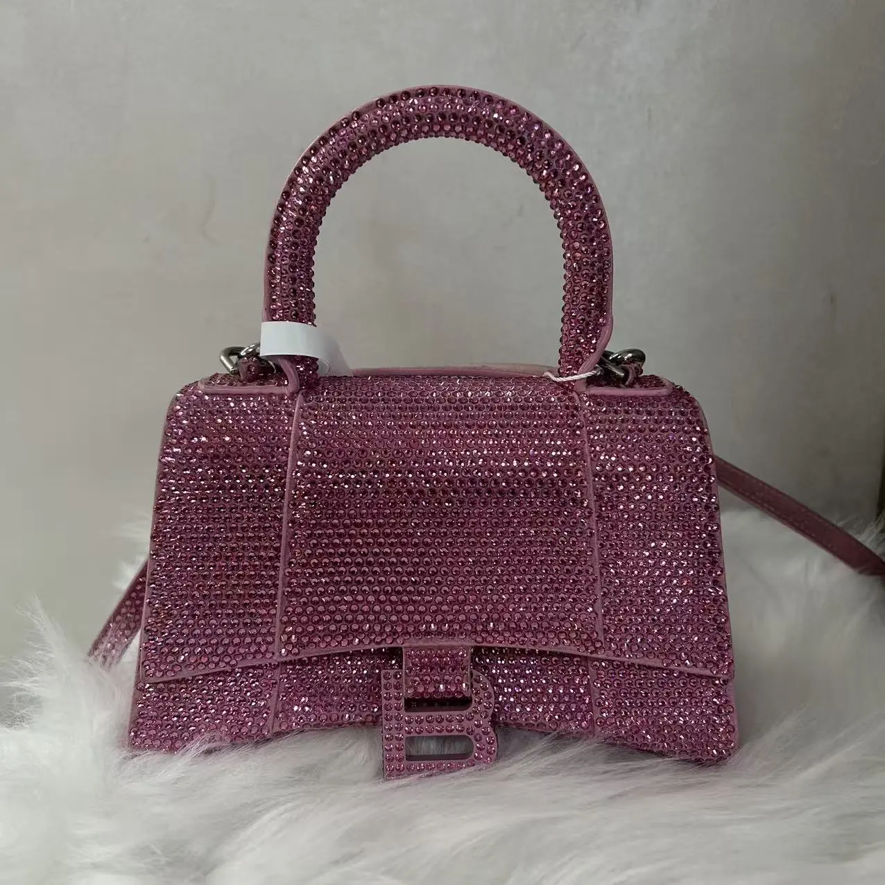 Pre-owned Balenciaga leather Shoulder bags Strass Suede Hourglass Top Handle Bag XS+charm rrr