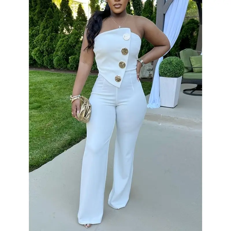 Women's Slim-Fitting Knit Plain Jumpsuit - Strapless Sleeveless, High-Waisted Wide-Leg Pants, Golden-Tone Buttons, Tailored Polyester Fabric, 2-Season Use, Hand Wash Only, Women's Overalls & Suits Set Elegant Casual Jumpsuit White