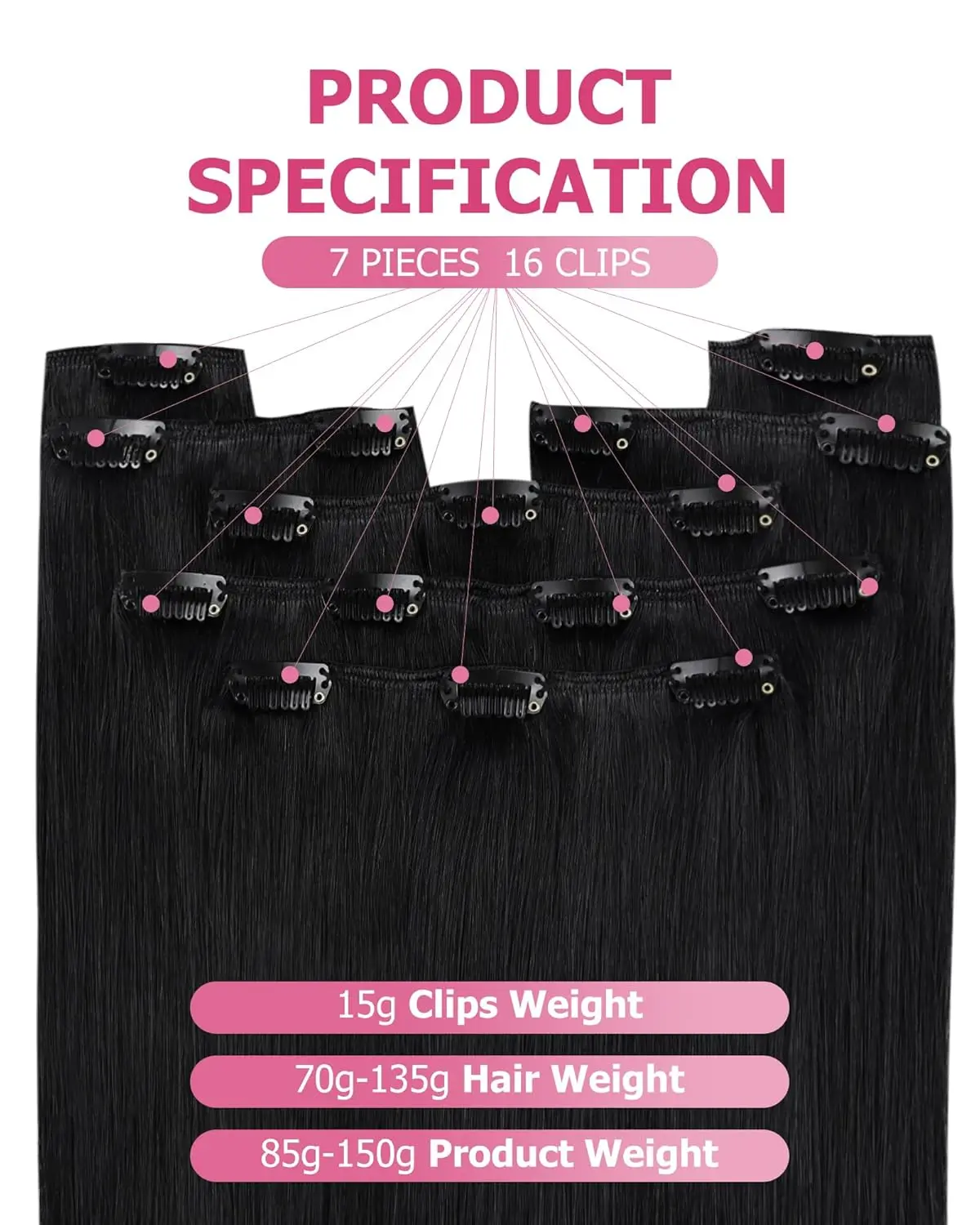 16 Inch Clip-In Human Hair Extensions, 7pcs 70g Straight Remy Hair 8A Jet Black Clip in Remy Human Hair Extensions (7pcs/70g #1) main image 3