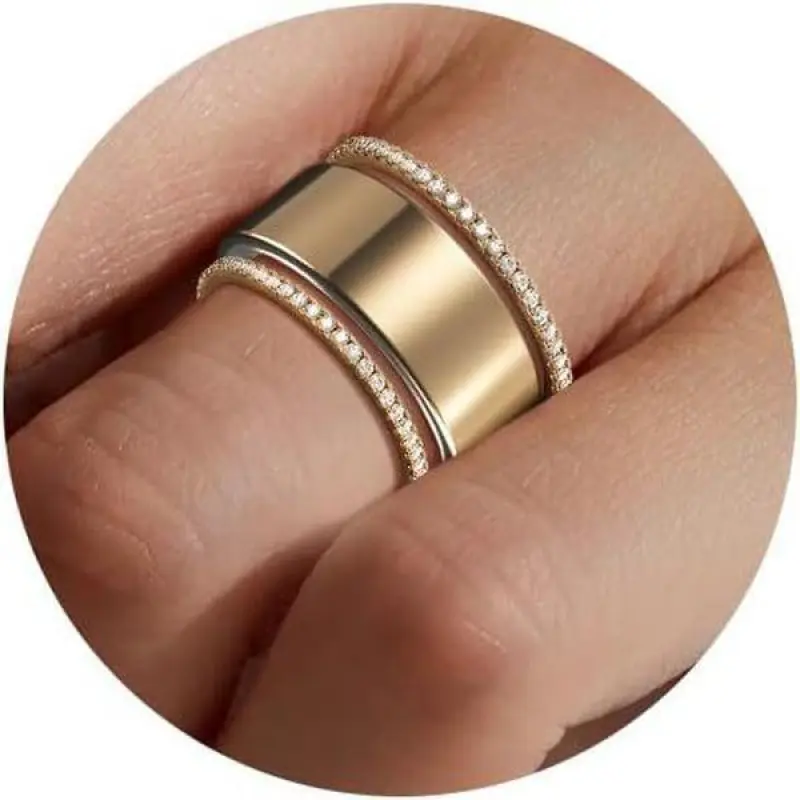 Women's New Gold-Plated Wide Titanium Steel Bezel Engagement Ring - Glossy Shine, Spaced Titanium Steel Edge, Diamond Accents, 2-Tone Multi-Element Pave Ring, Fashion Costume Jewelry Wedding Accessory, Two Tone Ring