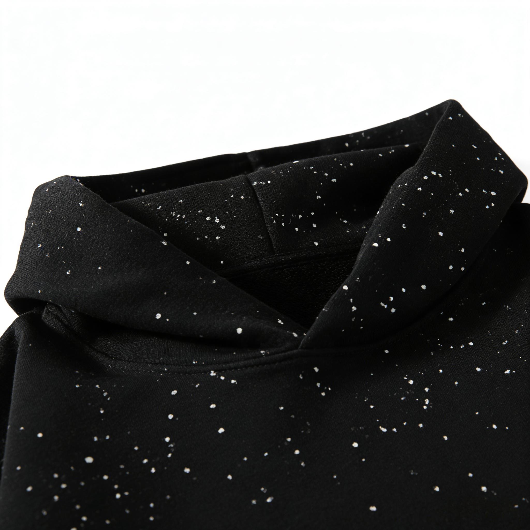 Black Speckled Oversized Hoodie, Y2K Starry Sky Splatter Print Pullover, Casual Streetwear Sweatshirt with Kangaroo Pocket, Comfy Loose Fit Hooded Top for Men Women