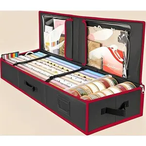 Durable Gift Wrap Storage Organizer, 40" 600D Oxford Fabric Bag with Flexible Partitions for Ribbon and Holiday Accessories, Reusable Wrapping Paper Holder, Large Capacity Storage Solution, Black/Red Design for Easy Organization Christmas Container