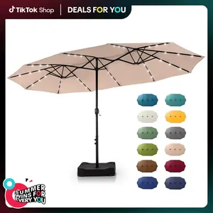 [SummerVibes] PHIVILLA Home 15ft Large Outdoor Patio Umbrella with Base – LED Light Option, Double-Sided, Crank Handle, Waterproof