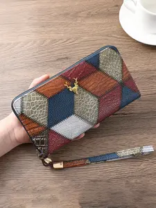 Women's Fashion Zipper Long Wallet, Geometric Color Block Design, Large Capacity Multi-Card Slot Handbag, Perfect Gift for Her