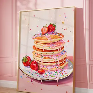 Kitchen Art, Wall Art Vintage Poster, Pink Pancakes Art Print, Foodie Art, Strawberries, Retro Food Art Poster, Sprinkles, Room Decor, Unframed