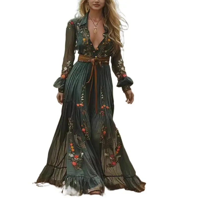 Women's Floral Print Long Sleeve Button-Up Dress, Everyday Casual Comfortable Womenswear