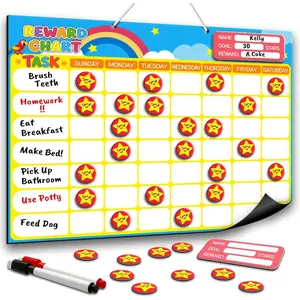 Reward Chart for Kids Customizable Weekly Chores Chart with 1 Name Sticker & 52 Magnetic Star Stickers Dry Erase Behavior Chart for Potty Training Toddler Routine Daily Record