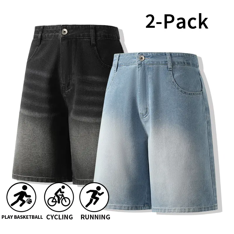 Summer vibe 2-pack men’s vintage distressed washed denim Bermuda shorts | Loose knee-length athletic everyday denim shorts