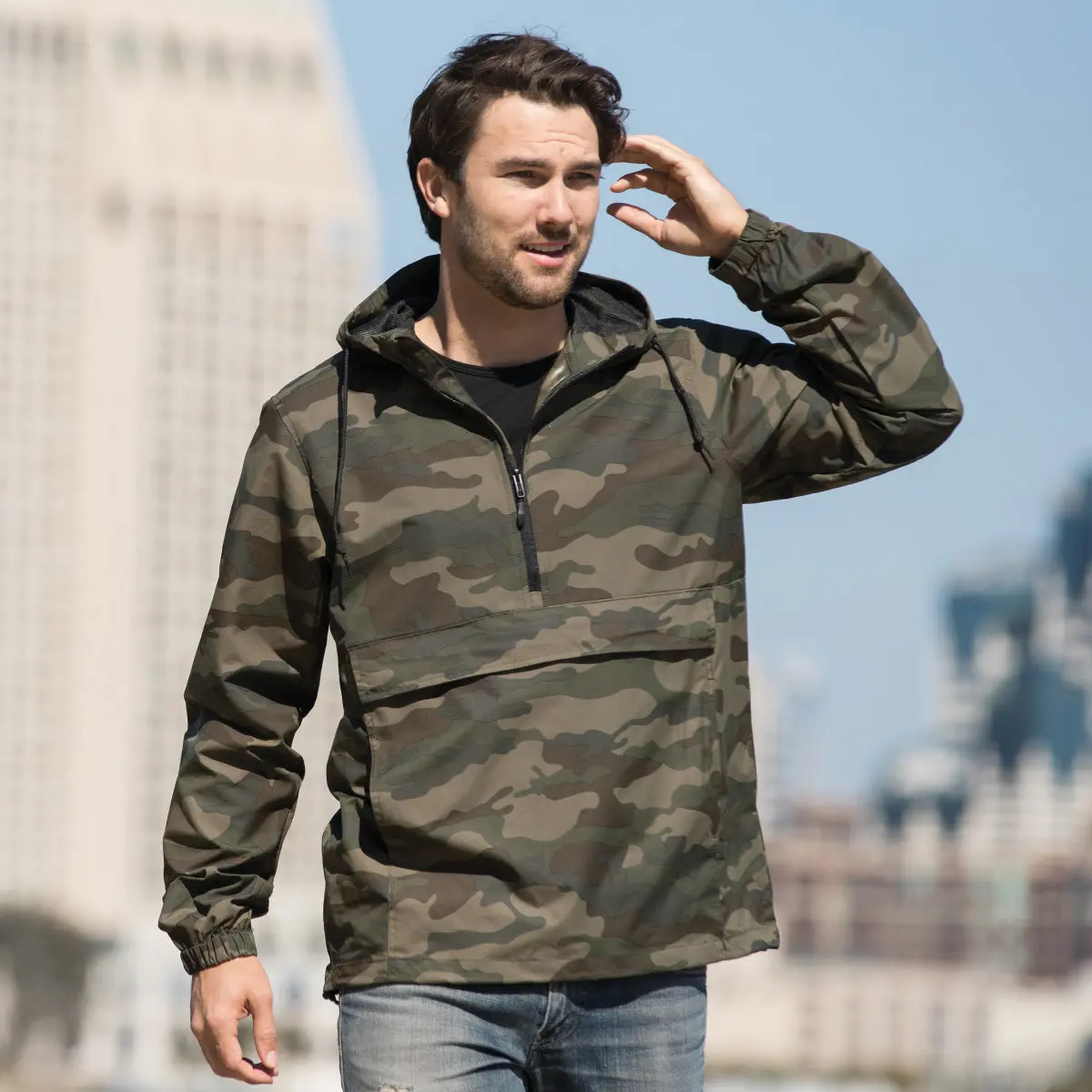 Pullover Rain Jacket 1/4 Zip Waterproof Hooded Anorak