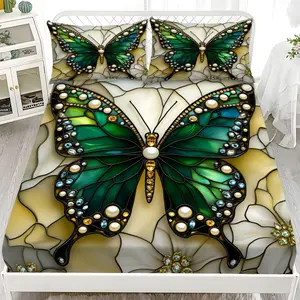 Bed Sheet Set - 3-Piece Set with 2D Flat Printing Butterfly and Stained Glass Pattern Mattress Protector in ten sizes (1*fitted sheet + 2*pillowcases, without inserts), stylish, soft and comfortable bedding, suitable for home bedrooms and guest rooms.