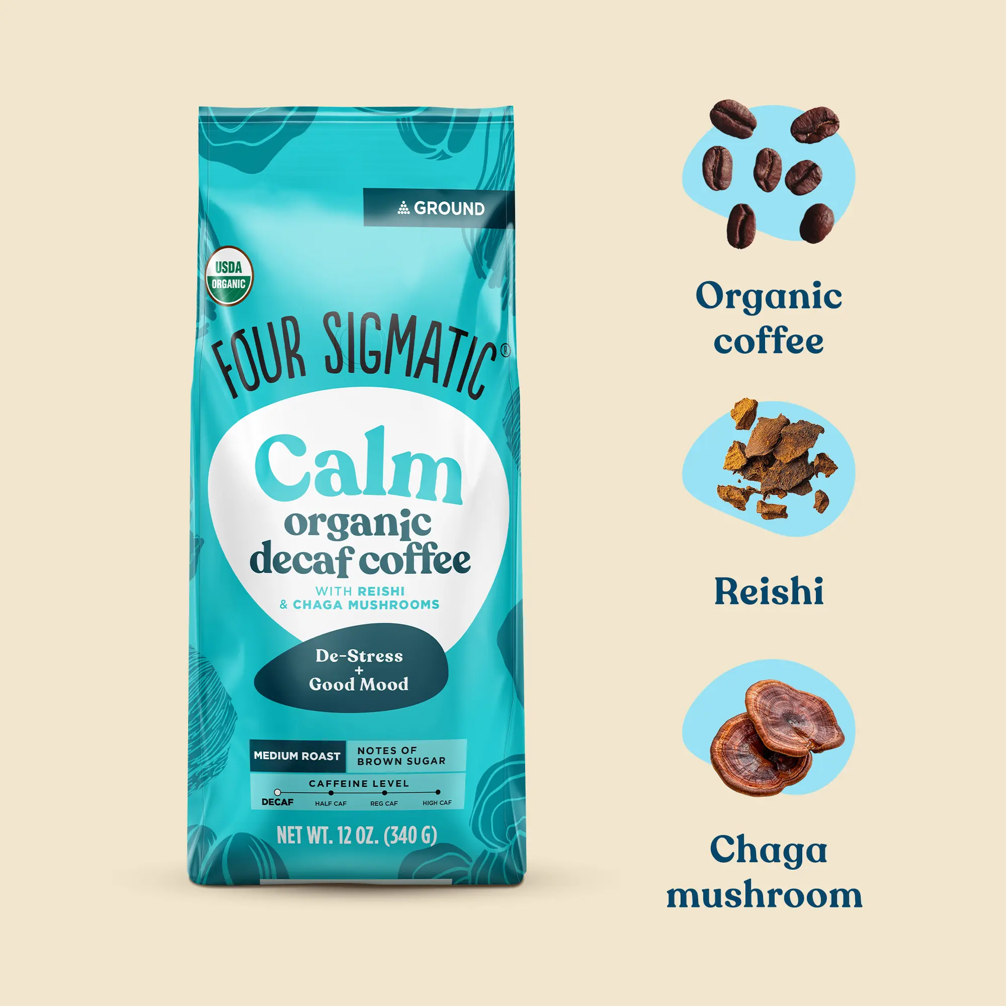 Four Sigmatic - Calm Organic Decaf Ground Coffee with Reishi and Chaga Mushrooms, 12oz Bag