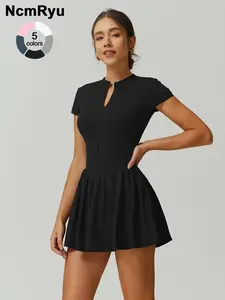 Women’s solid-color sporty dress, short-sleeve fitted yoga dress, above-the-knee length, all-season casual wear, tennis attire with pocket design