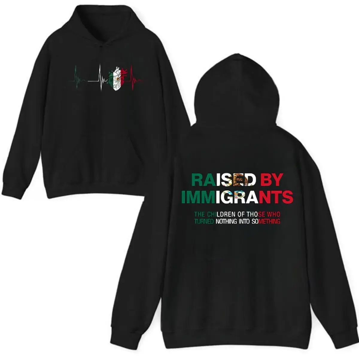 Casual Cultural Theme Graphic Hoodie "Raised By Immigrants" Slogan Cotton Blend Pullover Sweatshirt