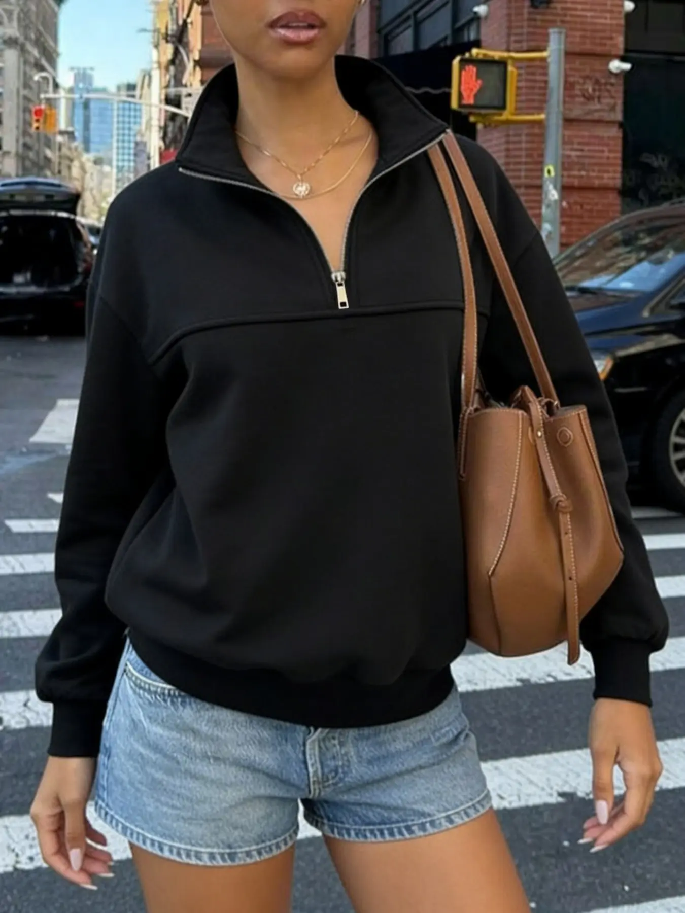 Vintage quarter-zip pullover. Women's high-neck turtleneck fleece-lined casual sweatshirt, #half-zip sweater #quarter-zip pullover #funnel neck top #loose sweater #minimalist fashion #streetwear #autumn and winter fashion #casual pullover