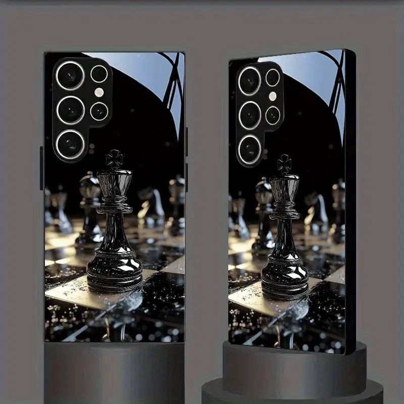 Phone Case - Textured Metallic Silver Chess Pattern Tempered Glass Phone Case Black for  S26 S25 S24 S23 S22Pro S21 S20 Fe Plus Ultra Pro A56 A55 A54 A53 A52 A51 A36 A35 A34 A32 A26 A25 A24 A23 A16 A15 A14 A06 A05 A03s Easy, Accessories, Sma
