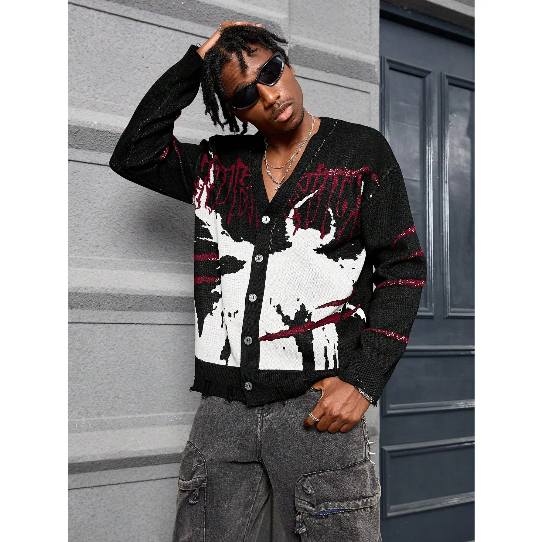 Men's Skeleton Pattern Cardigan Sweater, V-Neck Stretch Knit Top with Longsleeves, Casual Button Layer for Tee and Sneakers