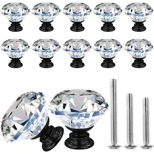 12 Pack Crystal Dresser Knobs 30mm Glass Clear Diamond Drawer Pulls Dresser Cupboard Knobs for Cabinets Black