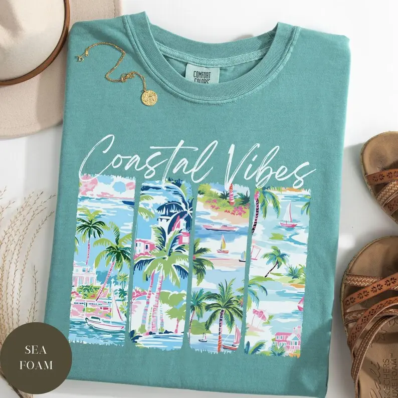 Comfort Colors Coastal Vibes Beach Shirt, Salty Summer Tee, Beach TShirt, Florida Shirt, Charleston Vacation Shirt, Beachwear Island Travel