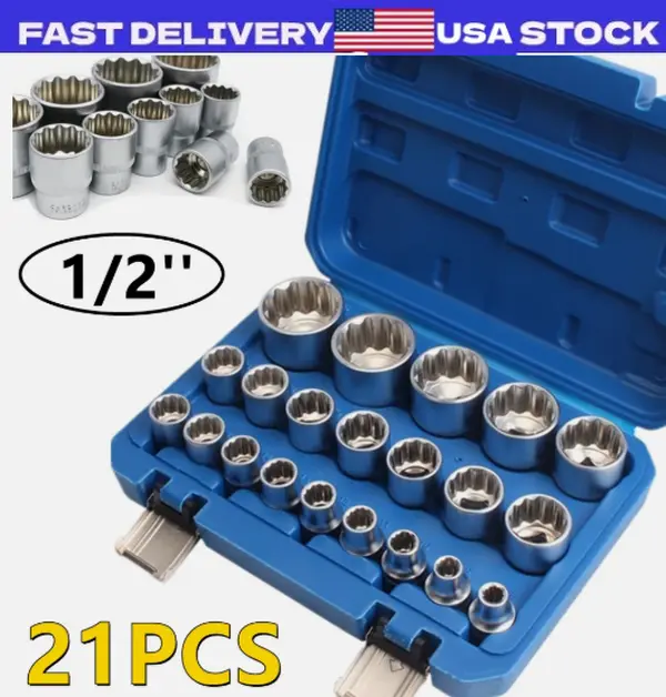 21Pcs 1/2" Drive Universal Spline Socket 12-point 8-36mm CR-V Metric Socket Set