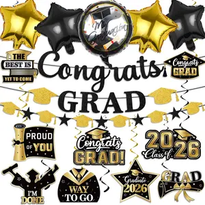20pcs Graduation Decorations 2026, 1pc Glitter Congrats Grad Banner ,14pcs Class of 2026 Hanging Swirls and 5pcs Foil Balloon Black and Gold Graduation Decorations 2026 for Class of 2026 College Graduations Party Decorations