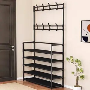 5-Tier Coat Rack Shoe Rack with 8 Hooks & Storage Shelves Black Metal Stable Design for Entryway Bedroom Closet Living Room Office Freestanding Iron Durability