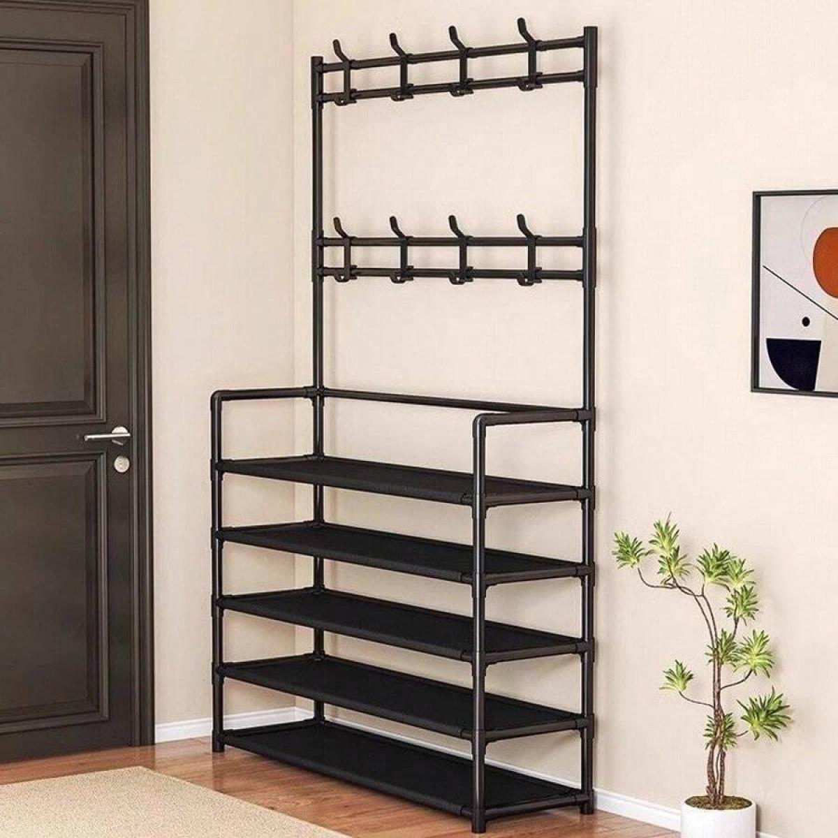 5-Tier Coat Rack Shoe Rack with 8 Hooks & Storage Shelves Black Metal Stable Design for Entryway Bedroom Closet Living Room Office Freestanding Iron Durability