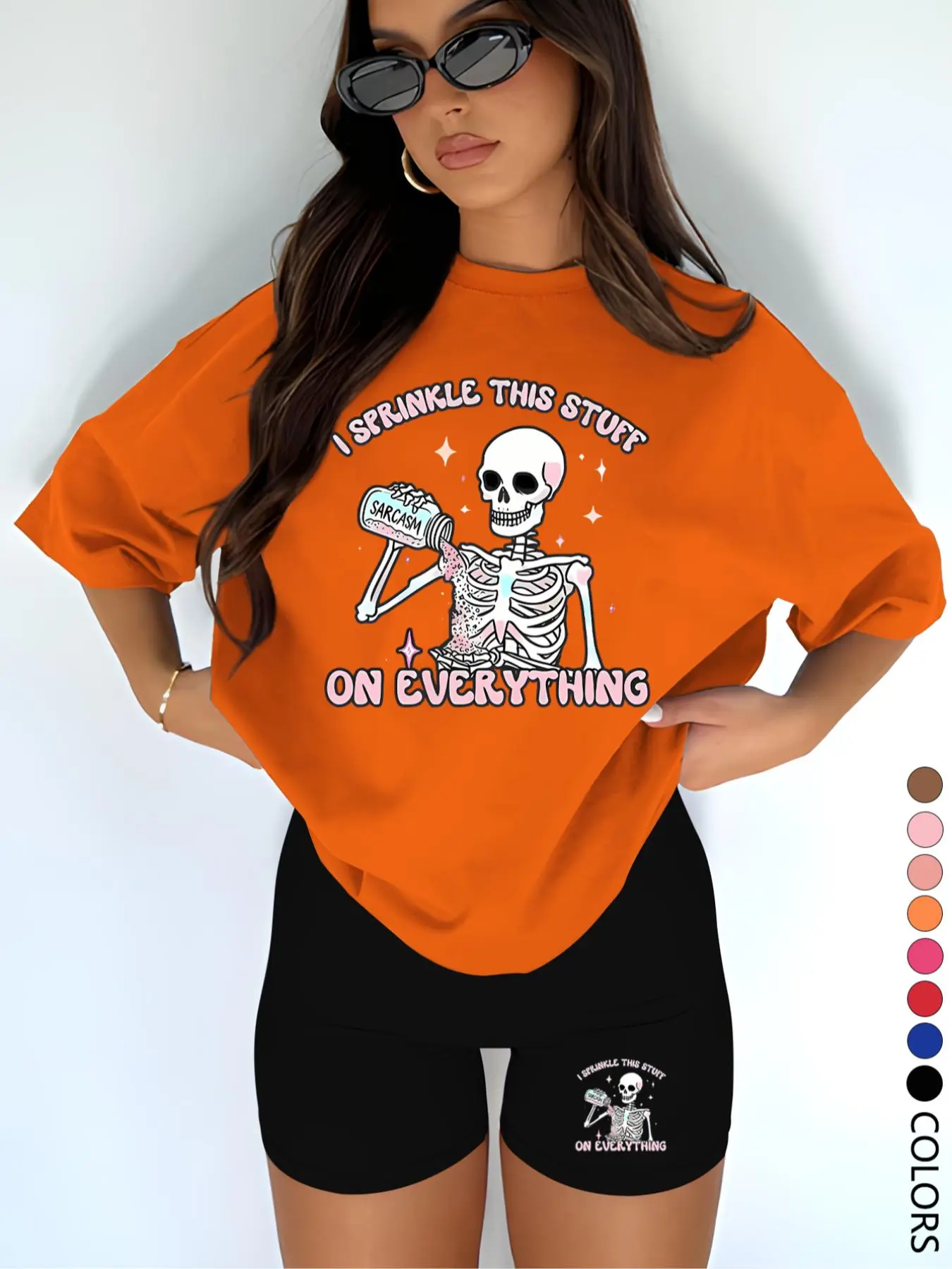 Two-Piece Set Women's Skeleton Print Short Sleeve Tee & Skinny Shorts, Casual Fashion Round Neck T-shirt & Shorts for Daily Outdoor Wear, Ladies Summer Clothes, Suits, Top Shorts Set, Knitted Shorts Set