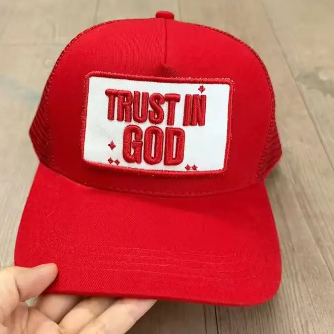 Trust in God Red Baseball Cap with White Patch and Red Lettering