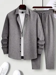 Men's Button Front Drawstring Waist Two-piece Set, Regular Fit Casual Long Sleeve Top & Pocket Trousers Co-ord Set, Going Out Outfit, Drippy Outfit