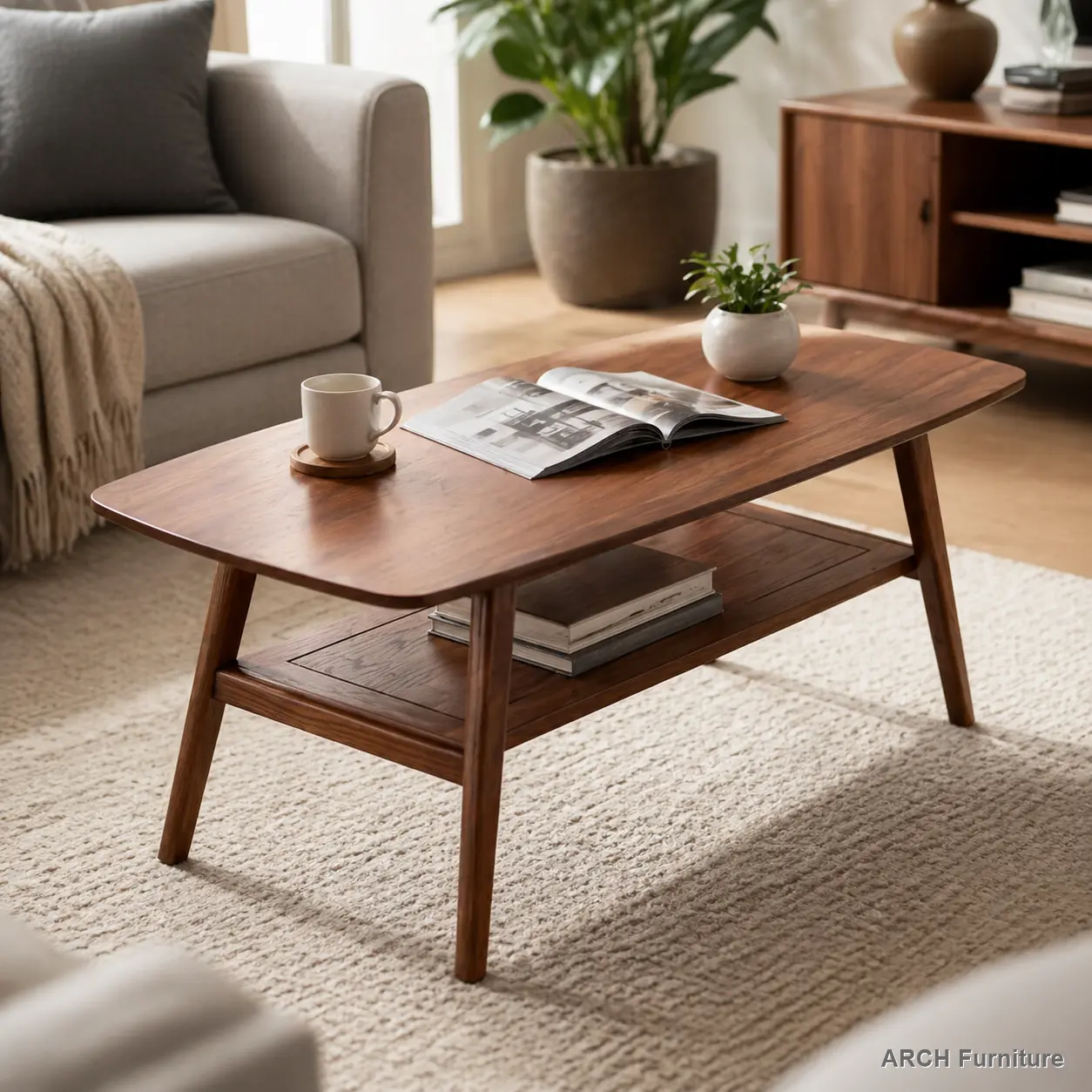Solid Oak Wood Rectangle Dual-Use Coffee Table-Study Desk, 100x50x44cm Walnut Brown, 100% Natural Grain Top, Modern Dual-Layer with Shelf, Elevated, Child-Friendly, Pedestal Legs, 30.60 lbs, Easy-to-Assemble Indoor Furniture with Hardware for Study, WFH,