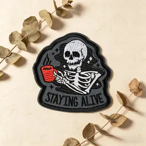 Staying Alive Skull Coffee Embroidery Patch, Heat Transfer Adhesive, Suitable for Clothing Jackets Hats Accessories, 1 Piece