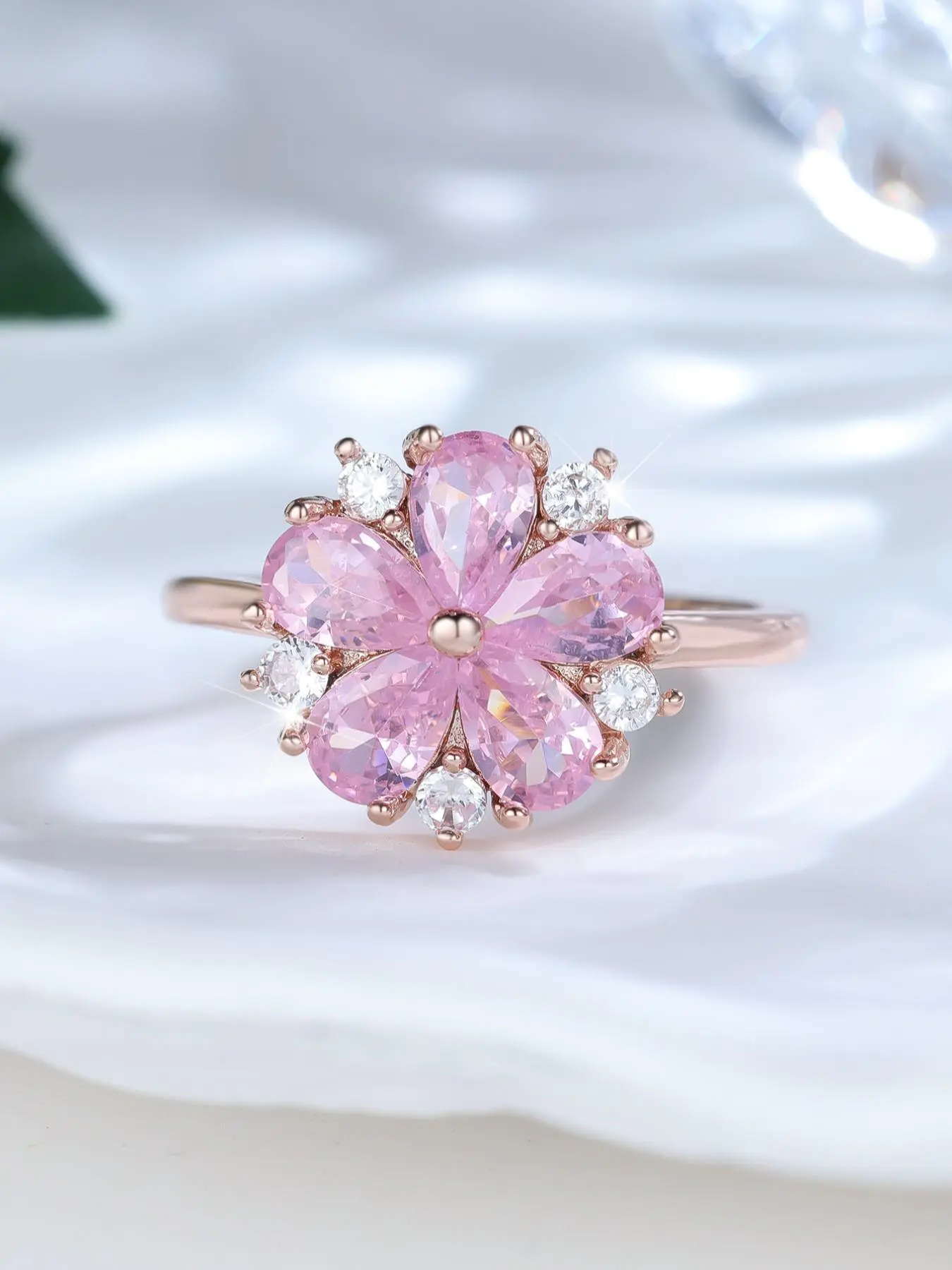 Pink Cherry Blossom Ring with Artificial Zircon, Delicate Women's Ring for Birthday Anniversaries, Perfect Gift for Daily Wear, Elegant Ring, Artificial Zircon Rings, Rose Flower Ring, Artificial Gemstone Ring, Jewelry Ring, Elegant Fashion Rings