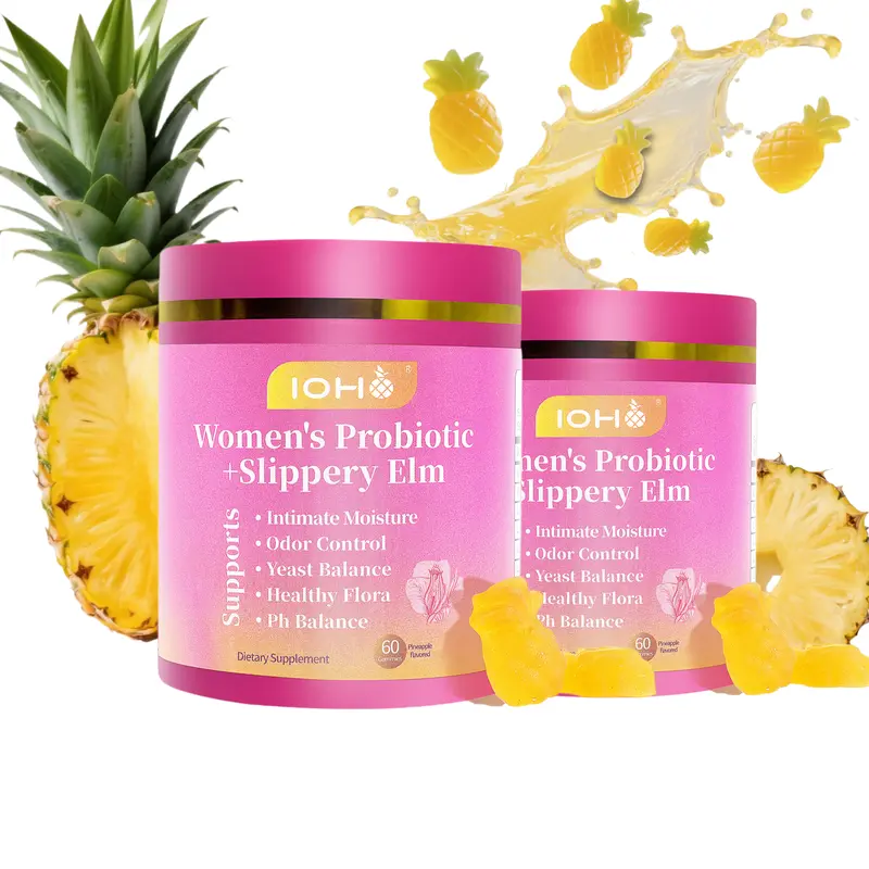 【Gold Plus】IOHO Her Juicy Feminine Probiotics-All in One Solution with Slippery Elm and Prebiotics& Probiotic Blend for Women's pH Balance and Dryness -Hawaiian Pineapple 60 Count-Women vitamins-feminine balance gummies Edible- gut health supplement