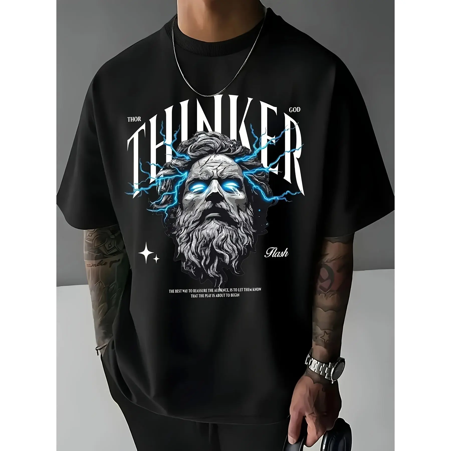 Men's 100% Cotton Graphic T-Shirt - Thor God Print, Casual Loose Fit, Short Sleeve Crew Neck, Menswear Tops, Fashion Pastoral Letters Design