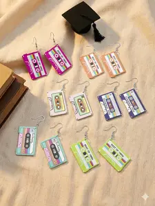 Women's Wooden Dangle Earrings Set, Vintage 80s Tape Design, Lightweight Wood, Y2K Hip Hop Festival Party Wear, Graduation Birthday Gift, High Quality Earrings