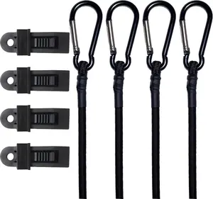 Bungee Cords with Carabiner Hooks (Black, 36"), 4 count Bungee Cords with Hooks with 4 count Tarp Clips,  and Odor-Free for Outdoor, Tent, Cargo, RV
