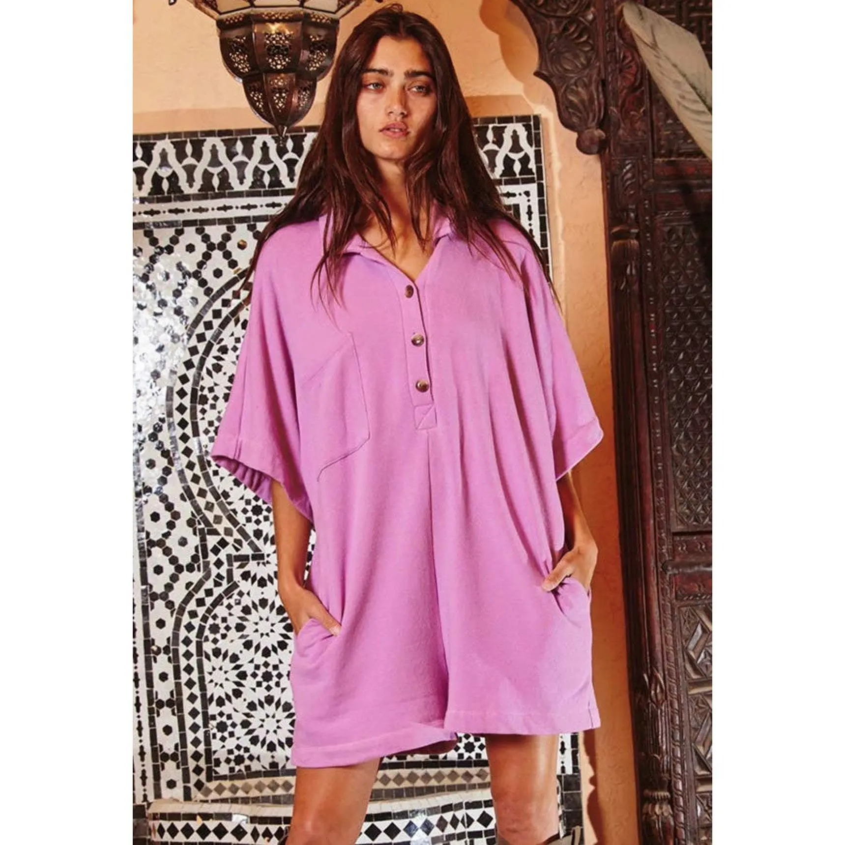 Solid Oversize Button Up Collared Romper-- Lavender