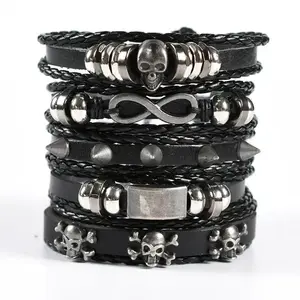 Men's Re-enacted Punk Style Fake Skin Glove Set, Unisex Black PU Leather Bracelet Combination, Adjustable Hand Weaving Punk Gloves