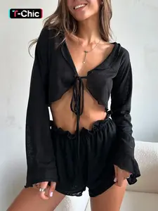 Summer New Solid Color Knitted Sexy Sheer Mesh Patchwork Long Sleeve Waist Tie Set, Fitted Casual Lady Womenswear Clothes for Ages 18-65