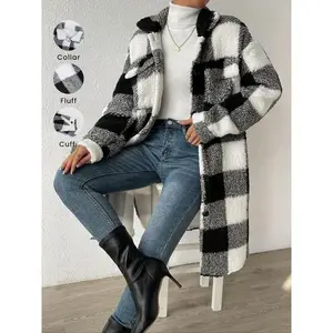 Women'sPlaidPrintButtonFrontFuzzyJacket,CasualLongSleeveCollaredOuterwearforFall&Winter,Women'sClothesforDailyWear